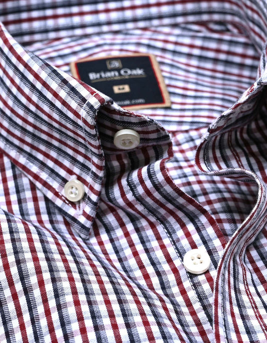 Dark maroon casual checkered shirt for men