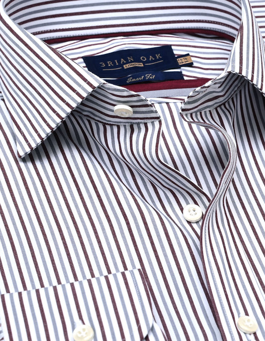 Men's maroon and grey candy stripe dress shirt