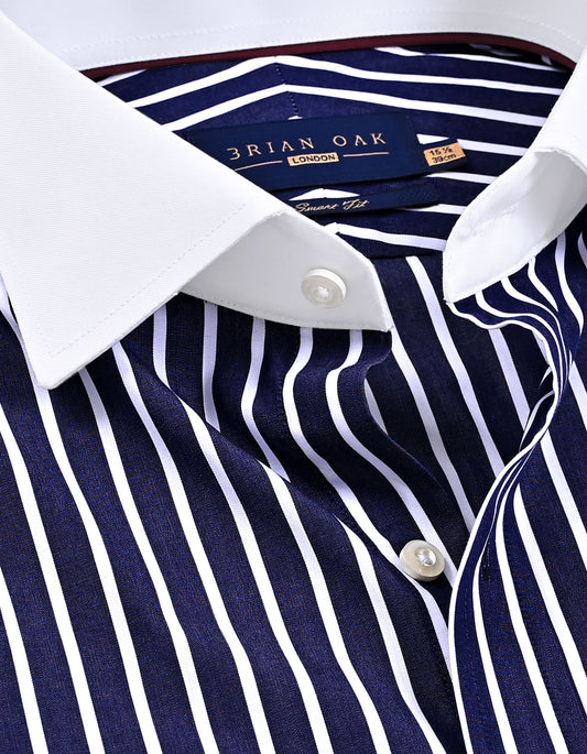 Contrast Collar Striped Navy Formal Shirt