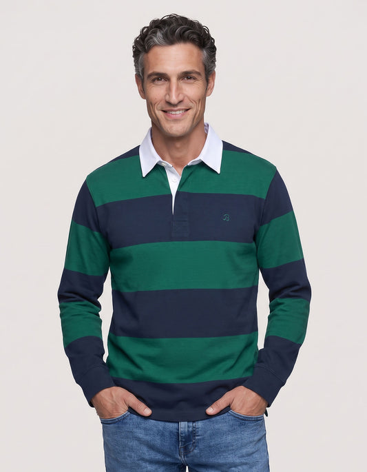Navy & Green Relaxed Fit Striped Rugby Shirt