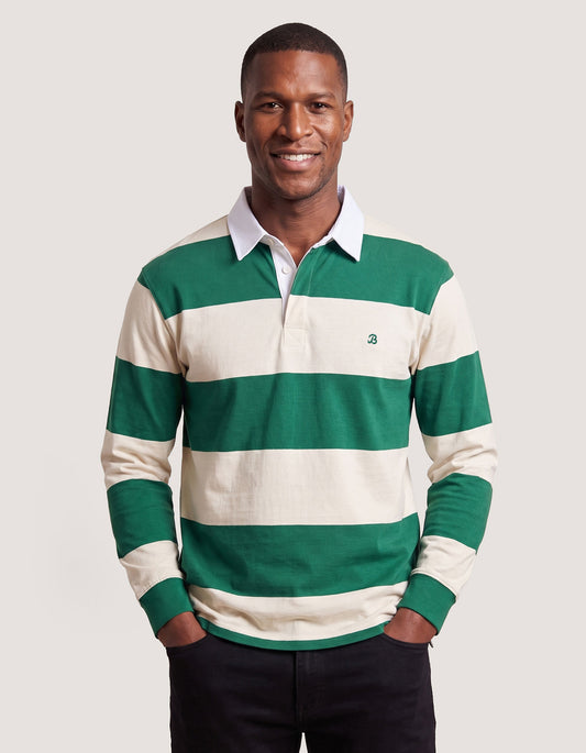 Off White & Green Relaxed Fit Striped Rugby Shirt