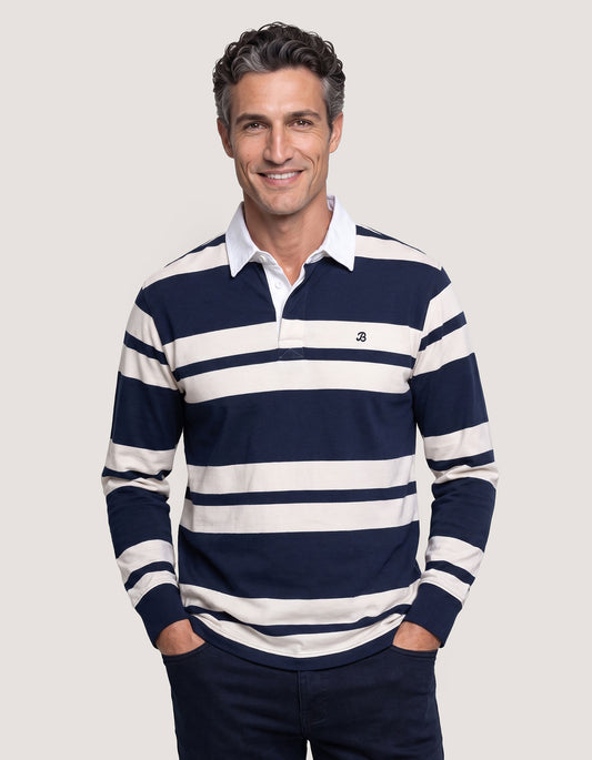 Navy Relaxed Fit Rugby Shirt with Cream Stripes