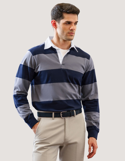 Grey and Navy Striped Rugby Shirt