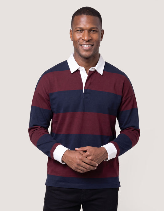 Relax Fit Navy Striped Cotton Rugby Polo