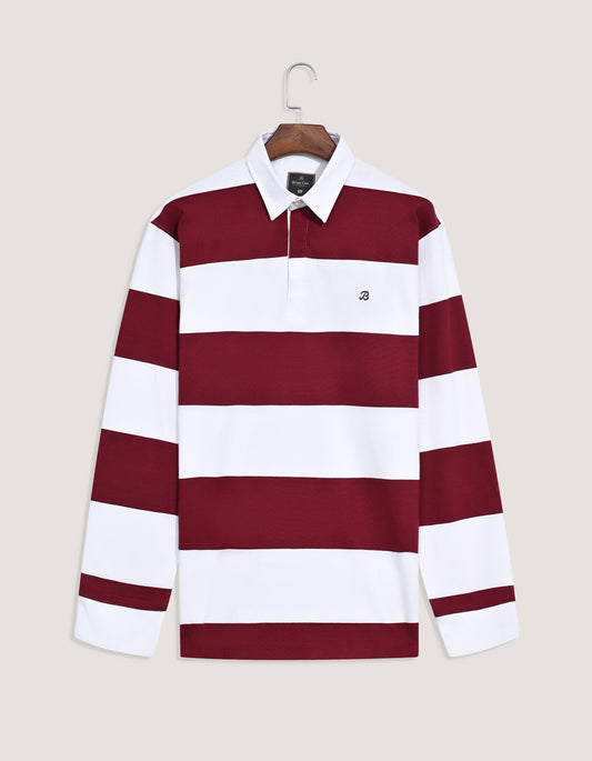 Off White and Maroon Relaxed Fit Striped Rugby Shirt