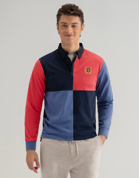 Maillot de rugby à blocs de couleurs bleu marine et rouge