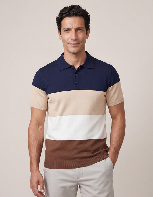 Navy Striped Fine Knit Polo
