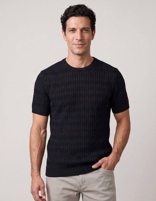 Black Textured Fine Knit Tee