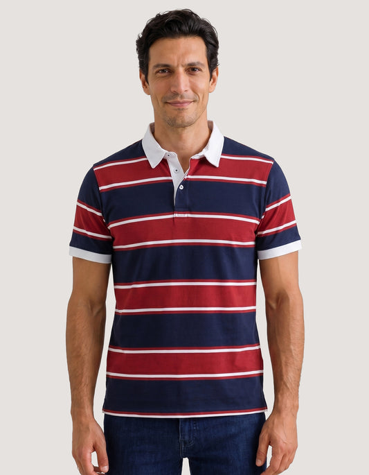 Polo rayé bleu marine et rouge