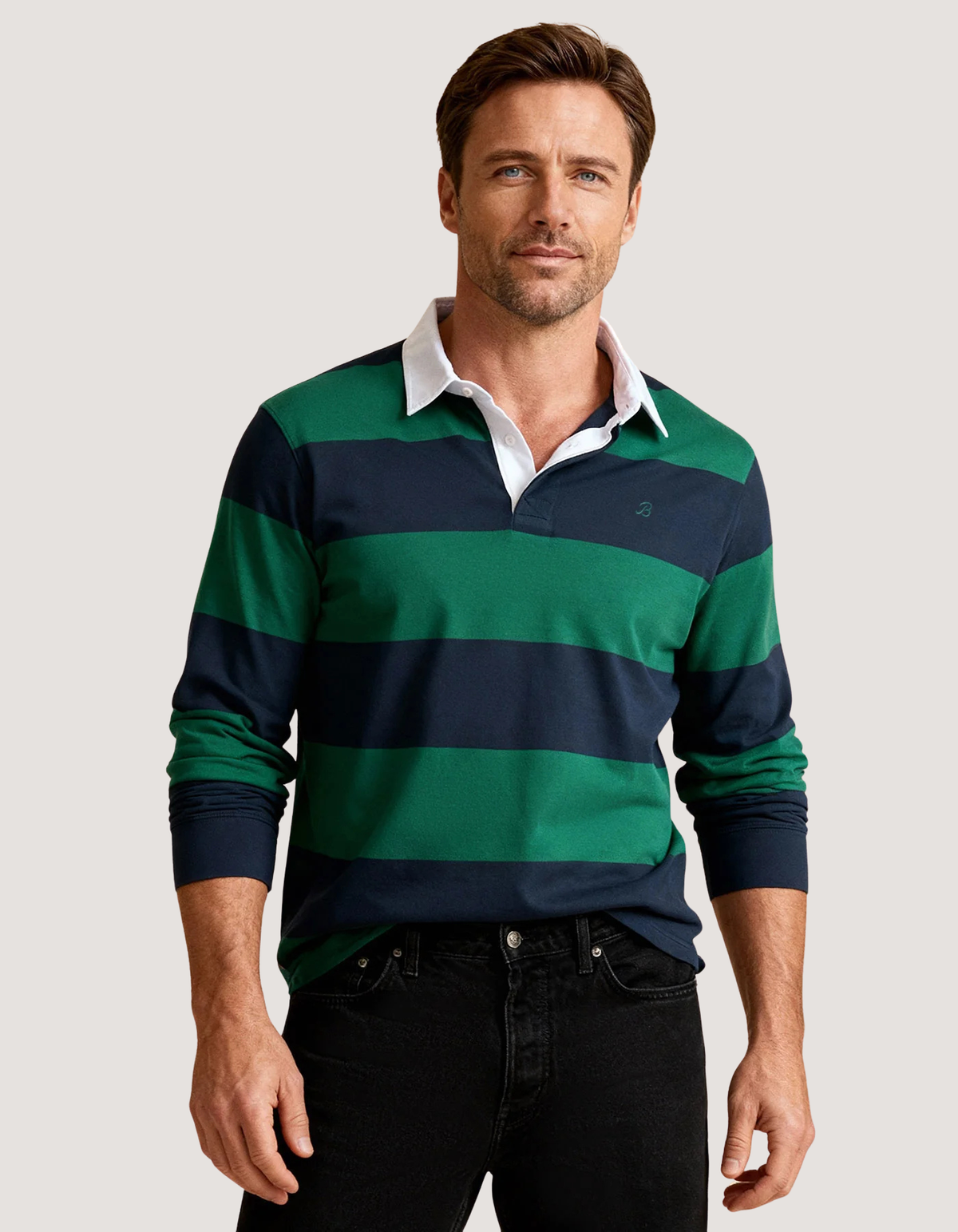 Navy & Green Relaxed Fit Striped Rugby Shirt