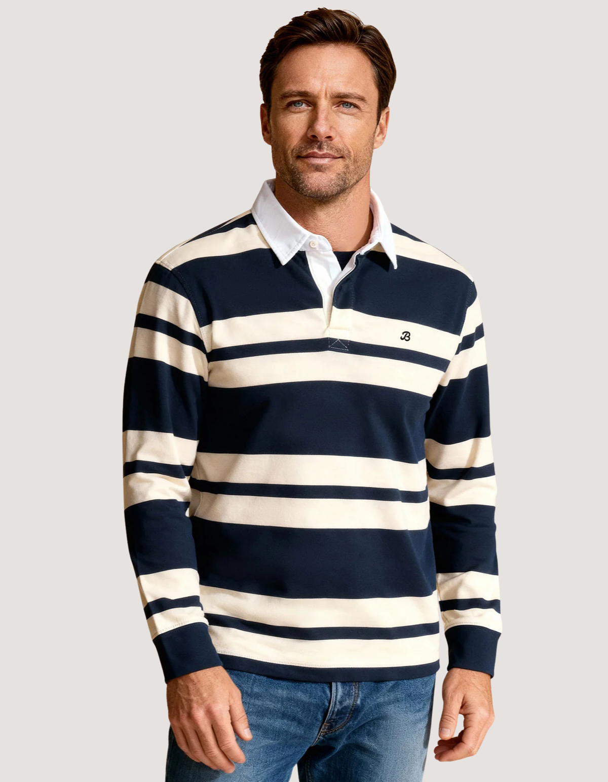 Navy Rugby Shirt With Cream Stripes Brian Oak UK navy-rugby-shirt-with-cream-stripes-brian-oak-uk