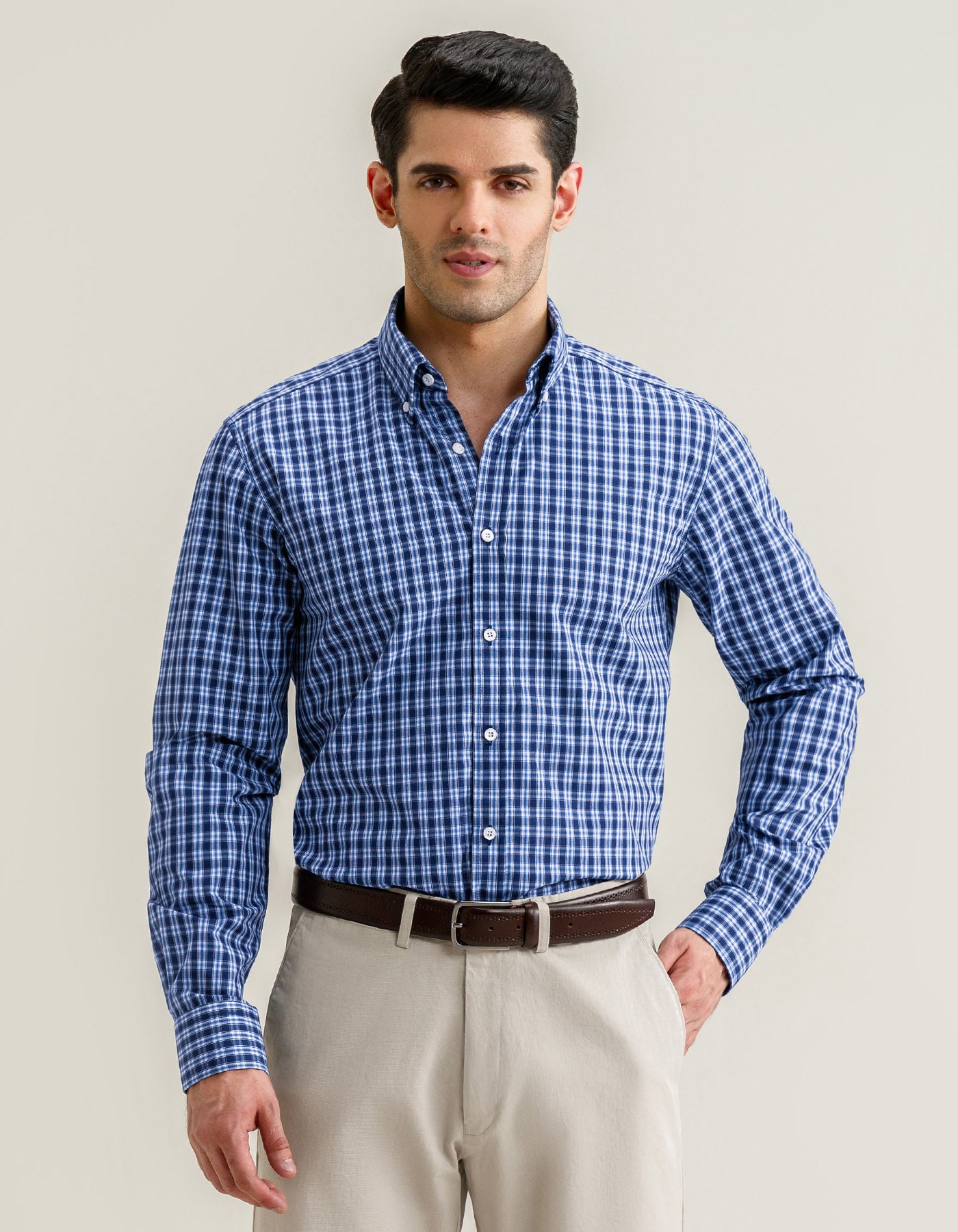 Men's Checked Pattern Men’s Navy Blue Casual Check Shirt | Brian Oak