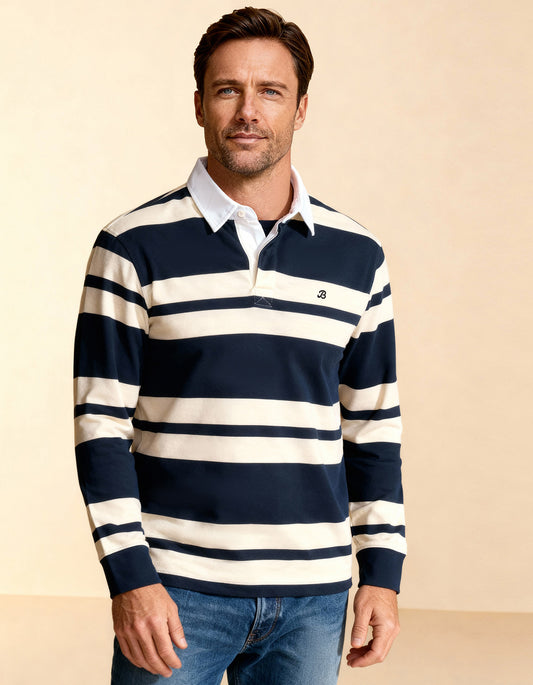 Navy Rugby Shirt with Cream Stripes