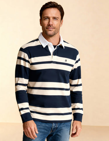 Navy Rugby Shirt with Cream Stripes