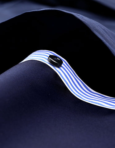 Navy Satin Formal Shirt with Striped Contrast Trim