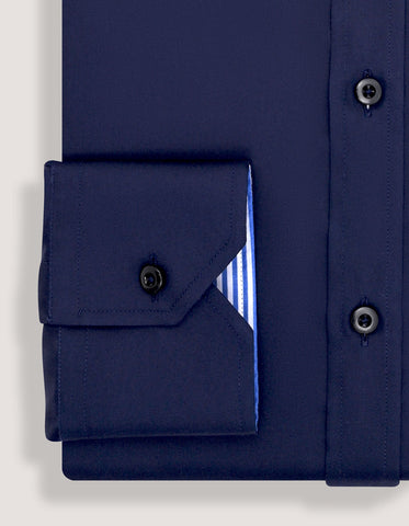 Navy Satin Formal Shirt with Striped Contrast Trim