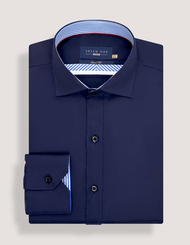 Navy Satin Formal Shirt with Striped Contrast Trim