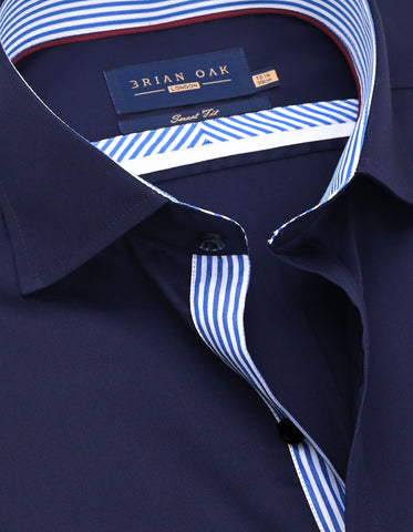 Navy Satin Formal Shirt with Striped Contrast Trim