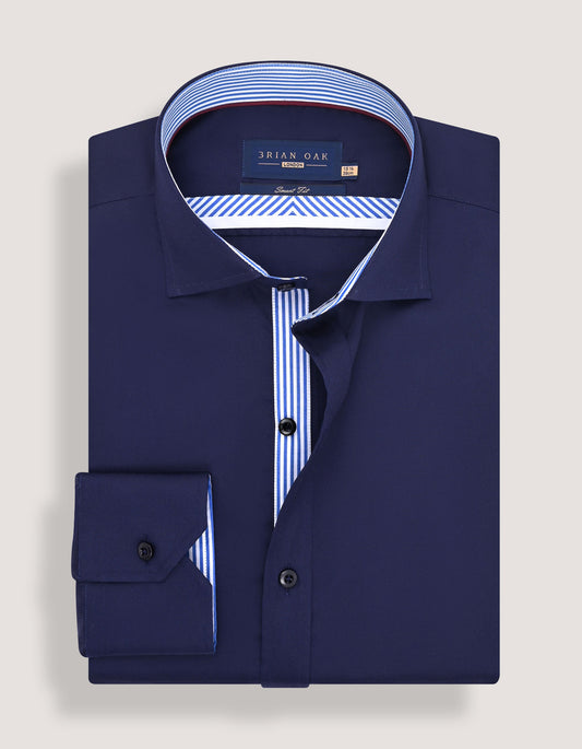Navy Satin Formal Shirt with Striped Contrast Trim