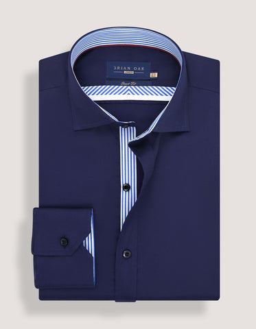Navy Satin Formal Shirt with Striped Contrast Trim