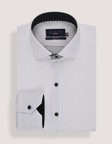 White Cotton Twill Formal Shirt with Black Contrast Trim