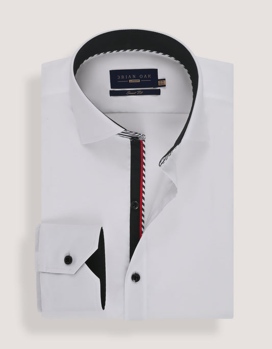 White Cotton Twill Formal Shirt with Black Contrast Trim
