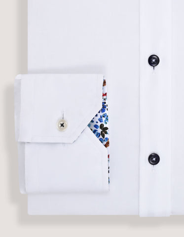 White Cotton Twill Shirt with Floral Trim