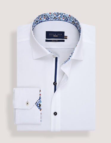 White Cotton Twill Shirt with Floral Trim