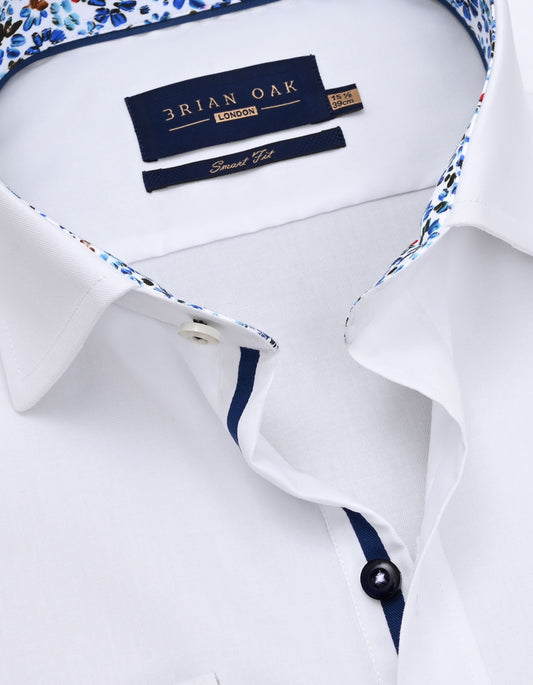 White Cotton Twill Shirt with Floral Trim