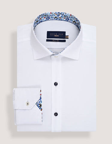 White Cotton Twill Shirt with Floral Trim