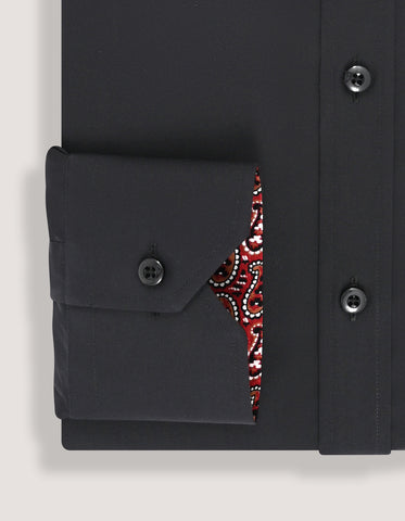 Black Cotton Twill Formal Shirt with Red Paisley Trim