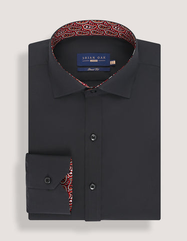 Black Cotton Twill Formal Shirt with Red Paisley Trim