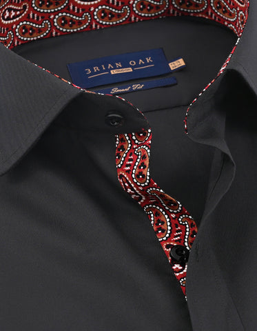 Black Cotton Twill Formal Shirt with Red Paisley Trim