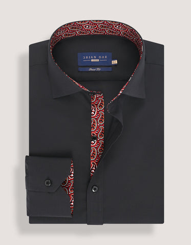 Black Cotton Twill Formal Shirt with Red Paisley Trim