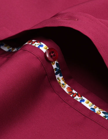 Red Cotton Satin Shirt with Floral Trim
