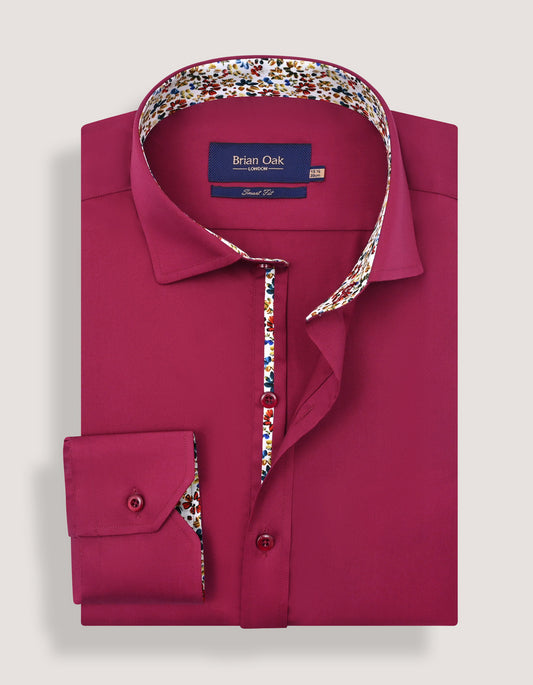 Red Cotton Satin Shirt with Floral Trim