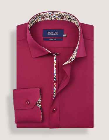 Red Cotton Satin Shirt with Floral Trim