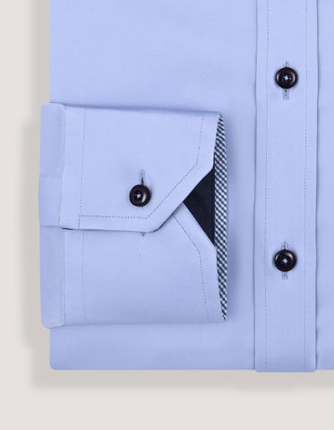 Sky Blue Cotton Satin Shirt with Contrast Trim