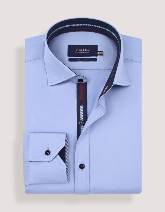Sky Blue Cotton Satin Shirt with Contrast Trim