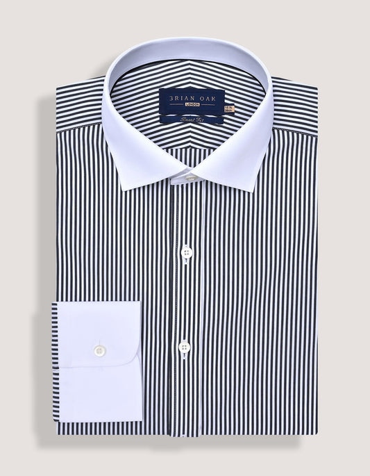 Black and White Contrast Collar Striped Shirt