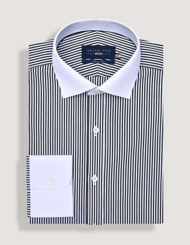 Black and White Contrast Collar Striped Shirt