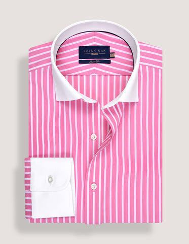 Flamingo Pink Striped Contrast Collar Shirt