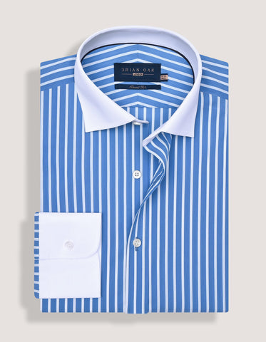 Blue and White Contrast Collar Striped Shirt