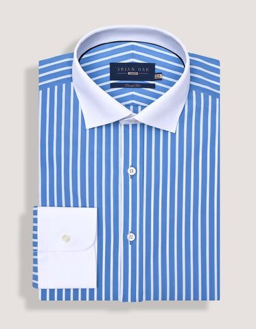 Blue and White Contrast Collar Striped Shirt