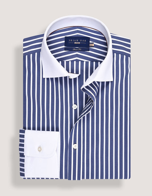 Navy Striped Shirt with Contrast Collar & Cuffs