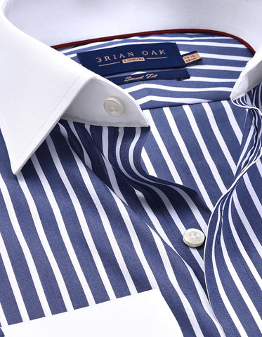 Navy Striped Shirt with Contrast Collar & Cuffs