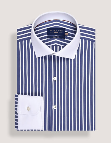 Navy Striped Shirt with Contrast Collar & Cuffs