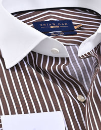Contrast Collar Striped Brown Formal Shirt