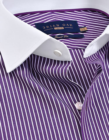 Contrast Collar Striped Dark Purple Formal Shirt