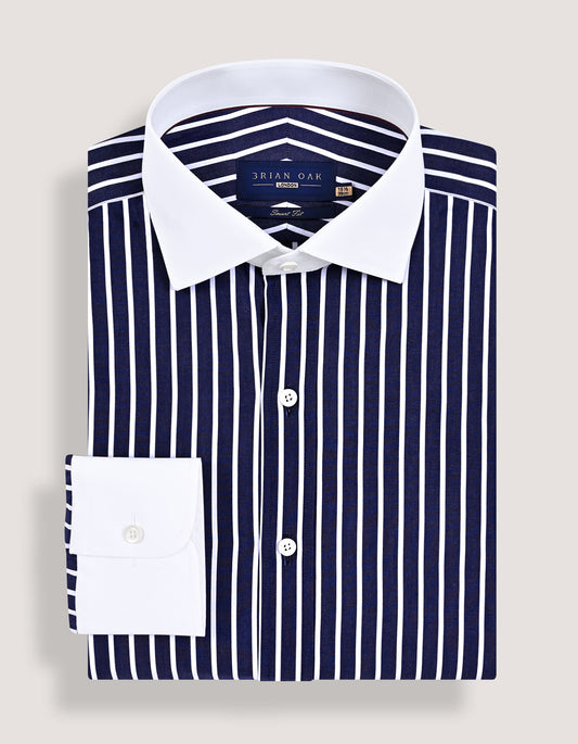 Contrast Collar Striped Navy Formal Shirt